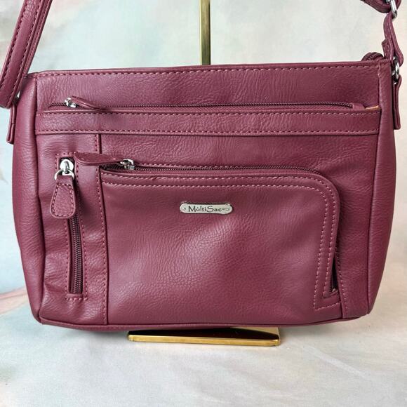 MultiSac Burgundy Multi Pocket Zip Closure Crossbody Bag Purse - Picture 2 of 4